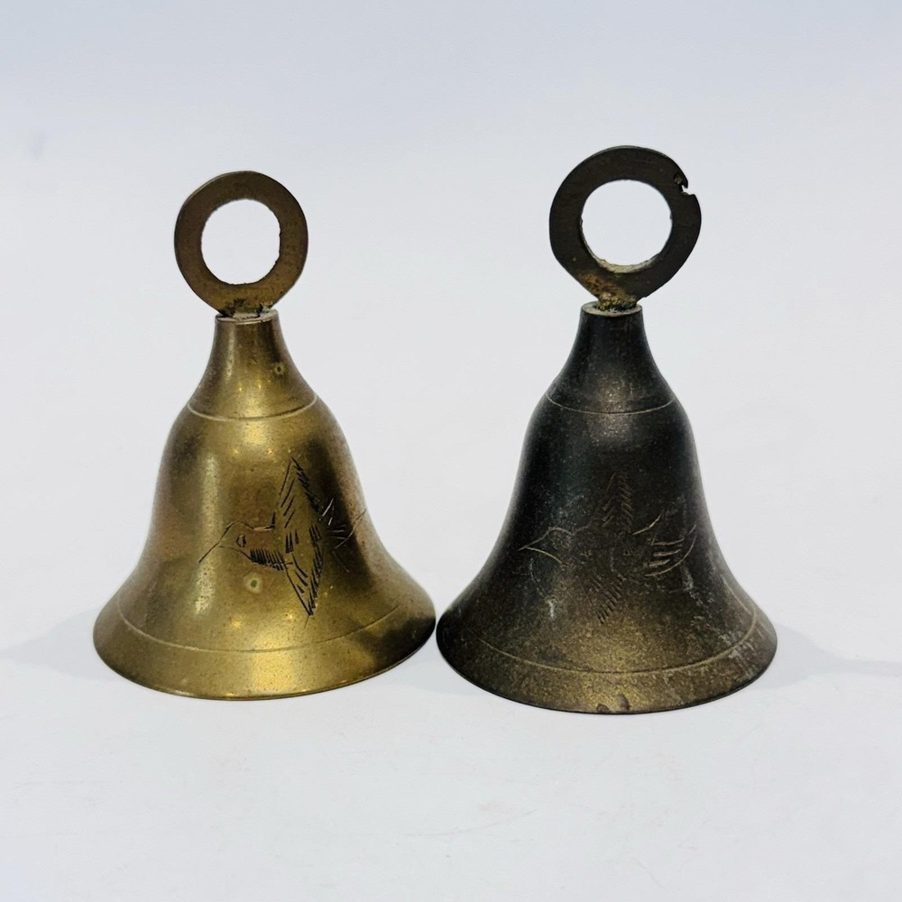 Pair of Vintage Brass Bells w Clappers Made in India Double Sided Bird Etching